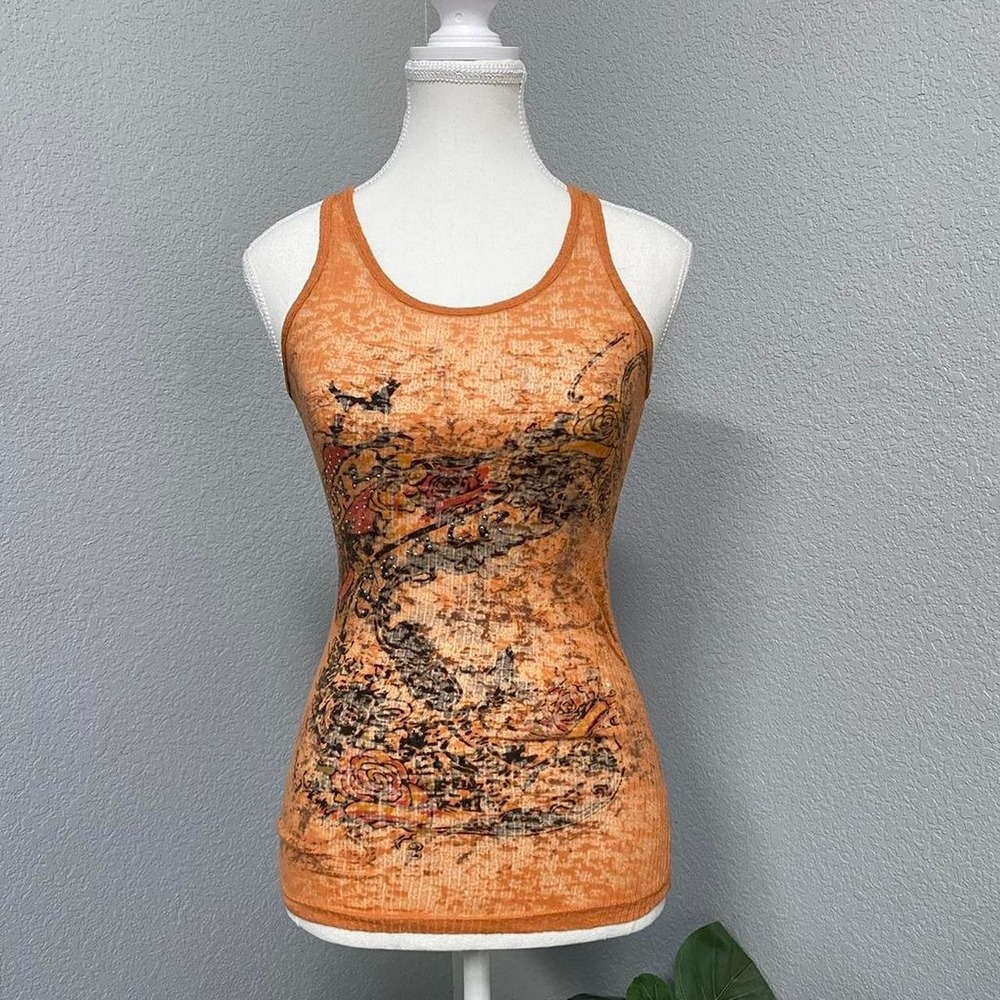 MAX RAVE ORANGE LOVE PEACE EMBELLISHED STUDS RACERBACK BURNOUT TANK Y2K GRUNGE